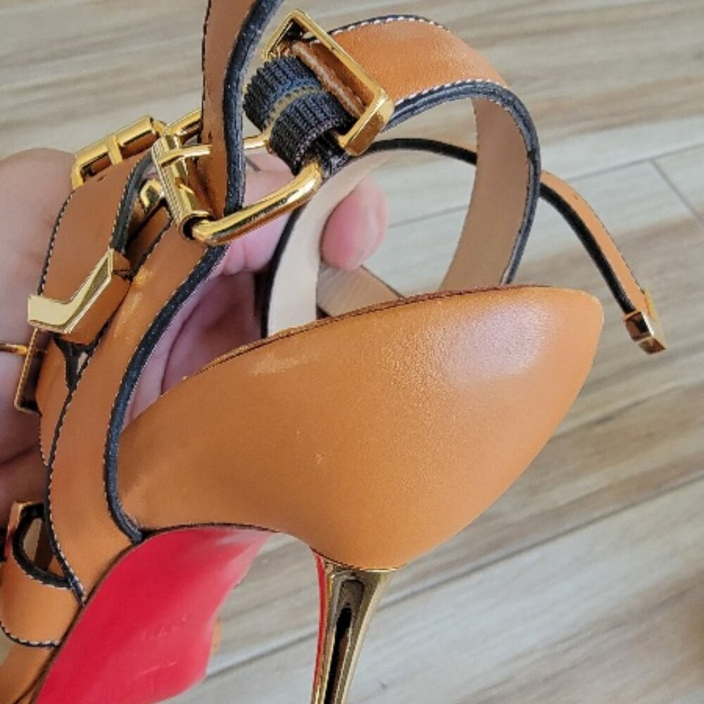 Christian Louboutin Funky 120 Tan Leather Gladiator Sandal Strap Shoes Eur. 37.5 - Picture 14 of 15